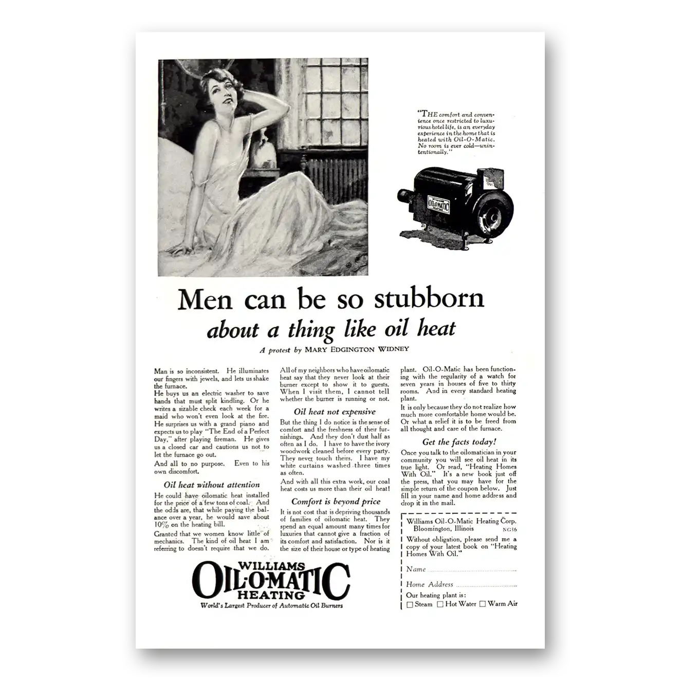 1926 Williams Oil-O-Matic Men Can Be So Stubborn Vintage Magazine Print Ad