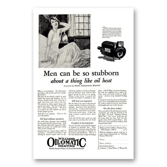 1926 Williams Oil-O-Matic Men Can Be So Stubborn Vintage Magazine Print Ad