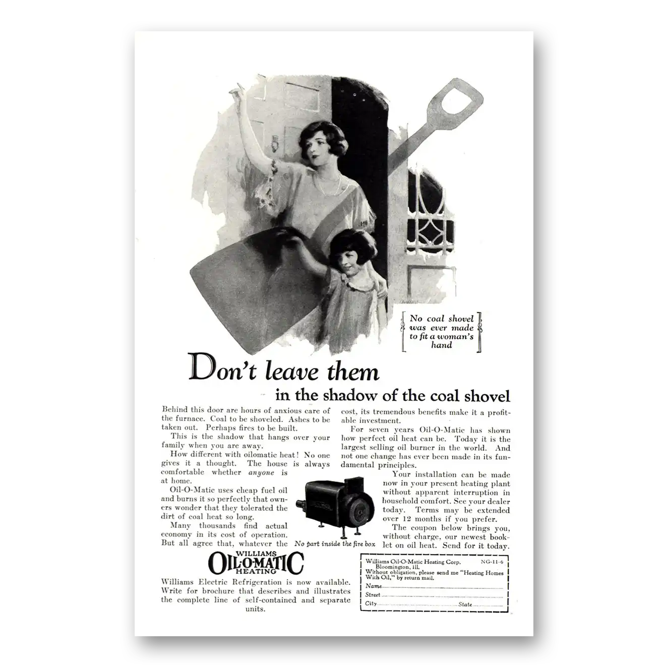 1926 Williams Oil-O-Matic Shadow of the Coal Shovel Vintage Magazine Print Ad