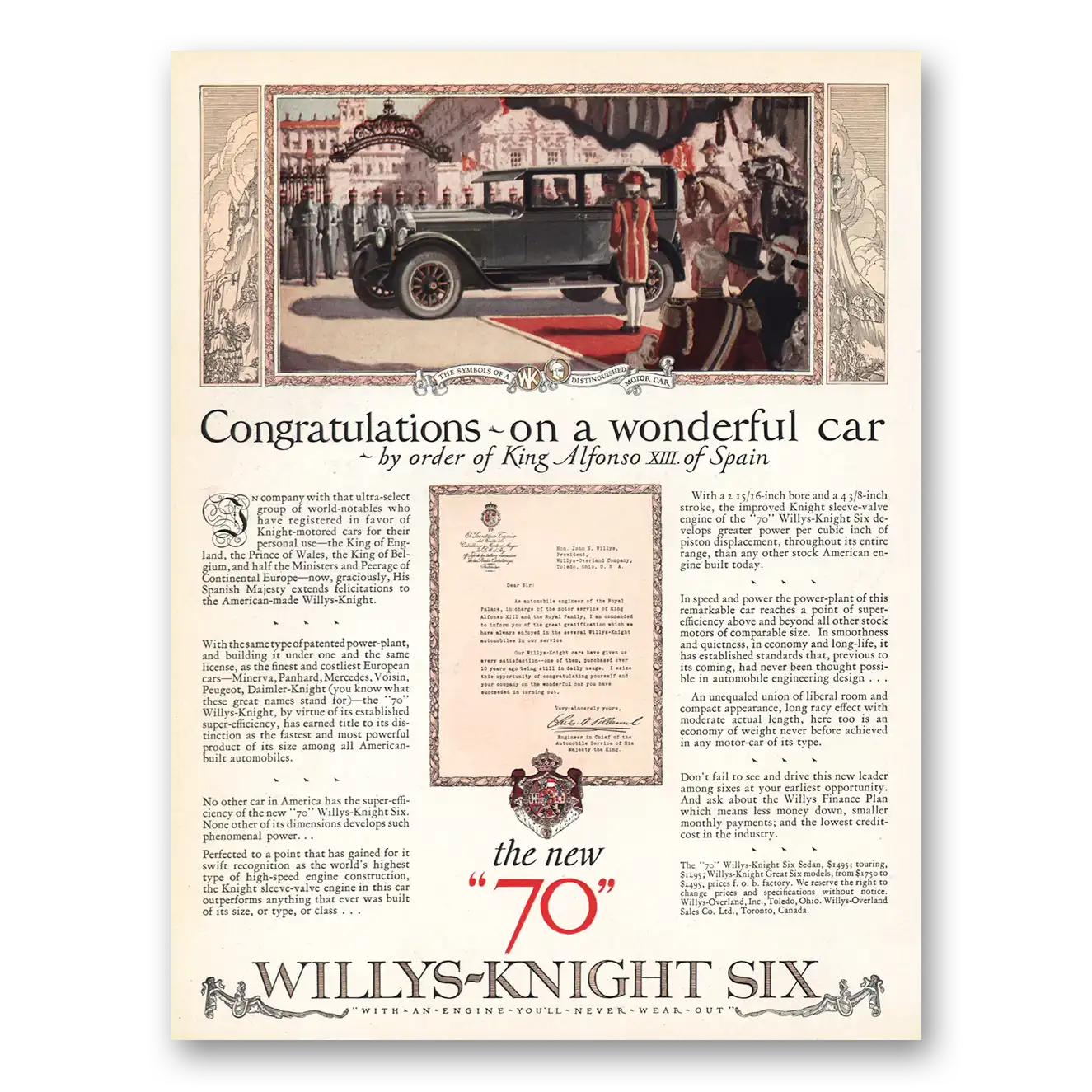 1926 Willys Knight Six King Alfonso XIII of Spain Vintage Magazine Print Ad