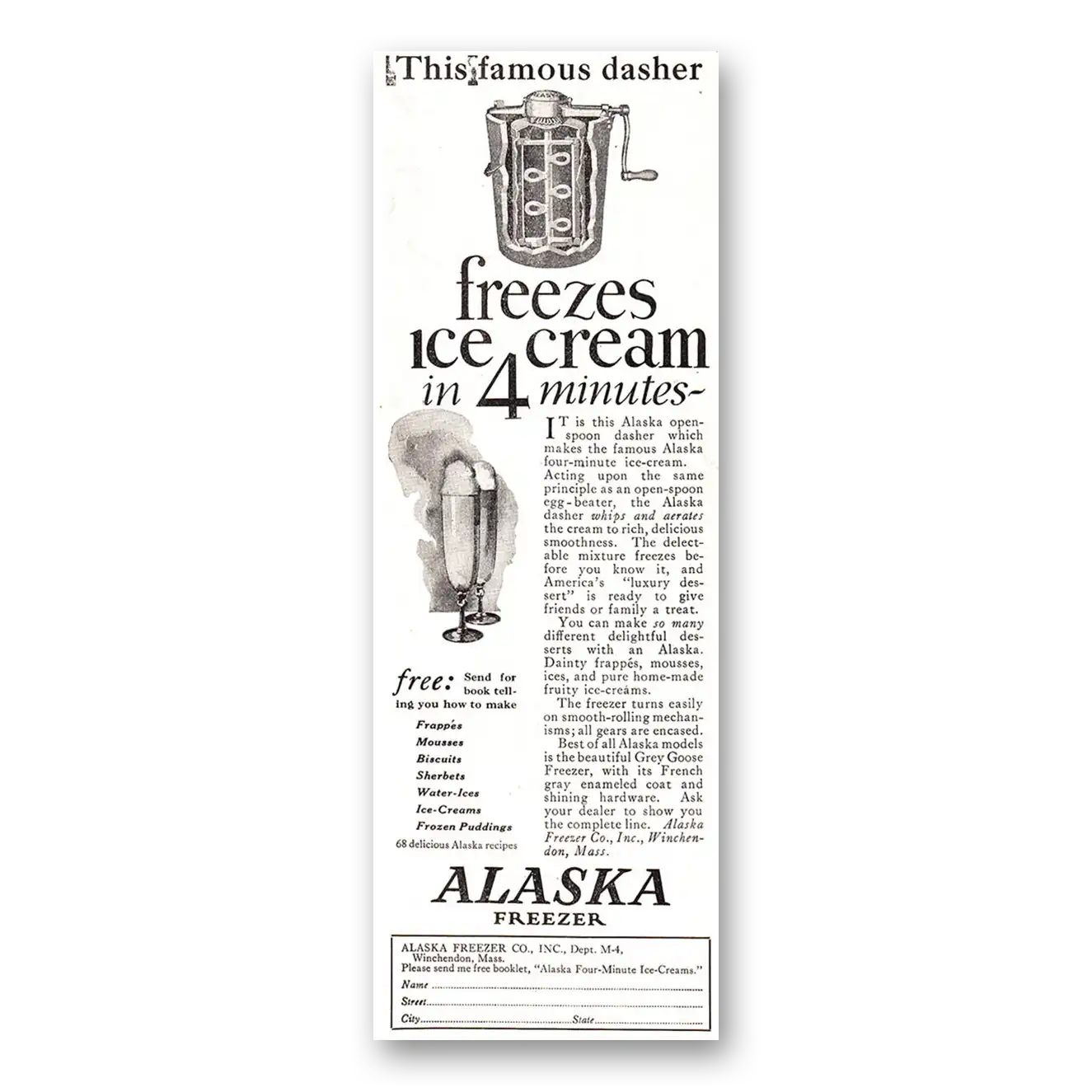 1927 Alaska Freezer Freezes Ice Cream in 4 Minutes Vintage Magazine Print Ad