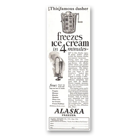 1927 Alaska Freezer Freezes Ice Cream in 4 Minutes Vintage Magazine Print Ad