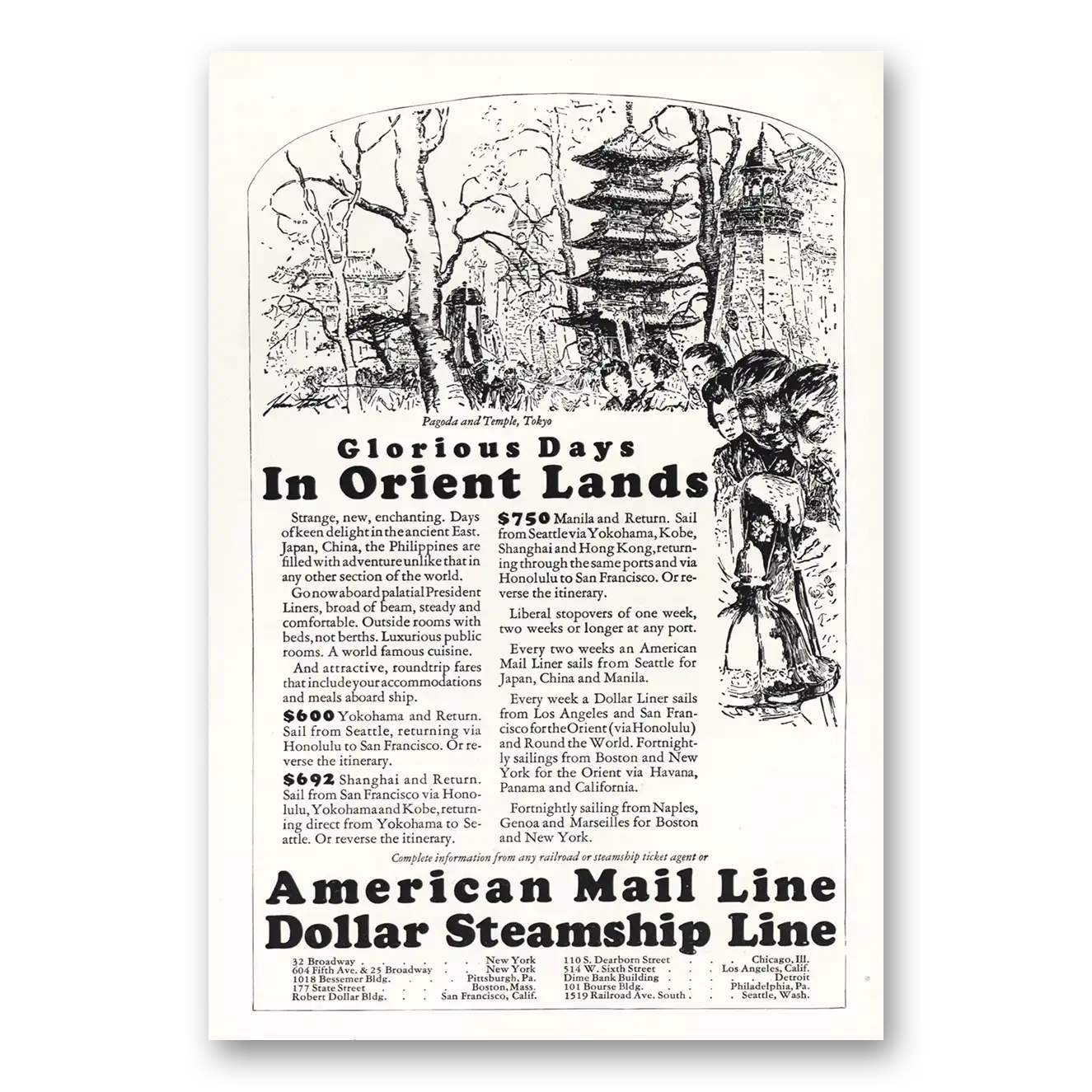 1927 Dollar Steamship Lines Glorious Days Orient Lands Vintage Magazine Print Ad