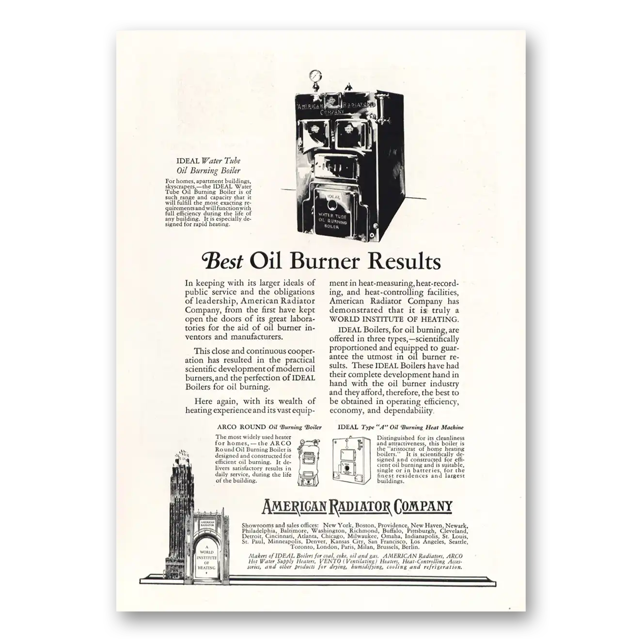 1927 American Radiator Best Oil Burner Results Vintage Magazine Print Ad