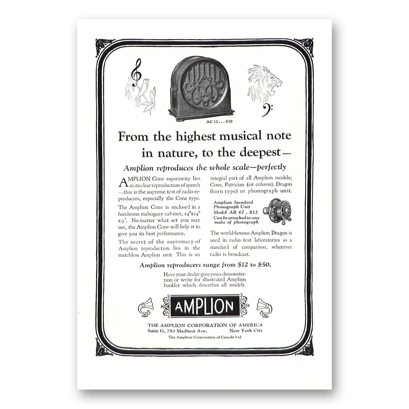 1927 Amplion Radio From the Highest Musical Note Vintage Magazine Print Ad