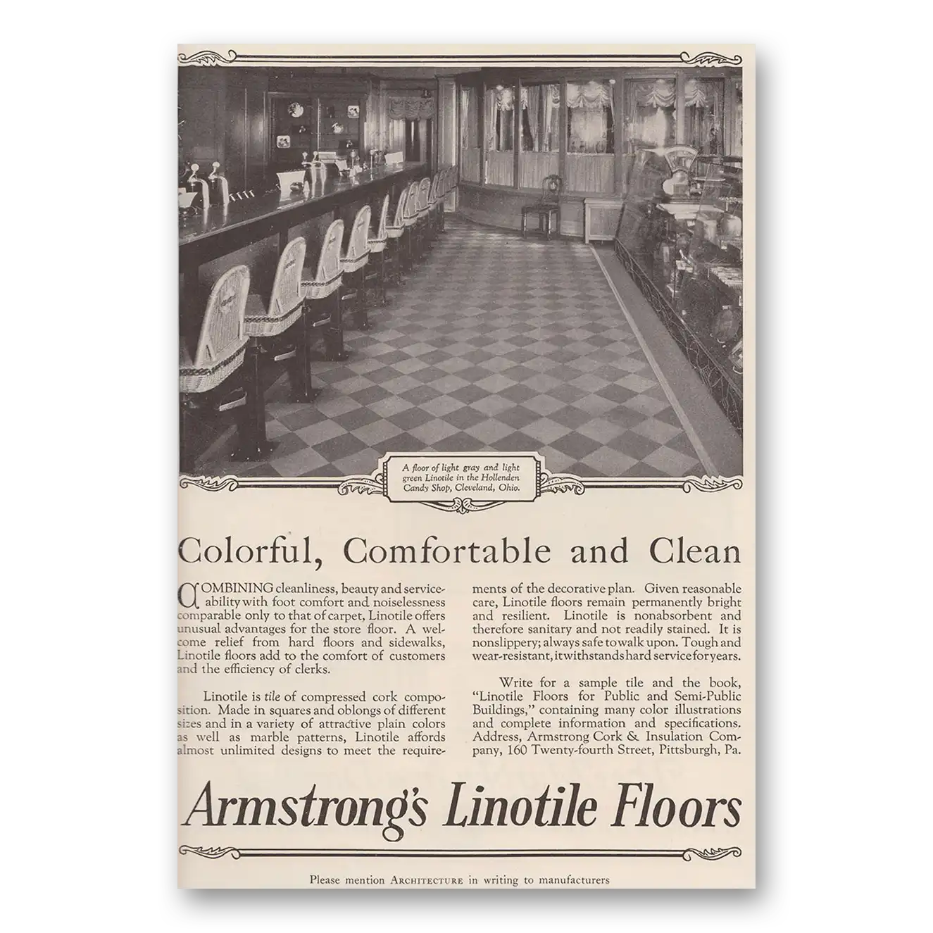 1927 Armstrong Linotile Floors Colorful Comfortable and Clean Vintage Magazine Print Ad