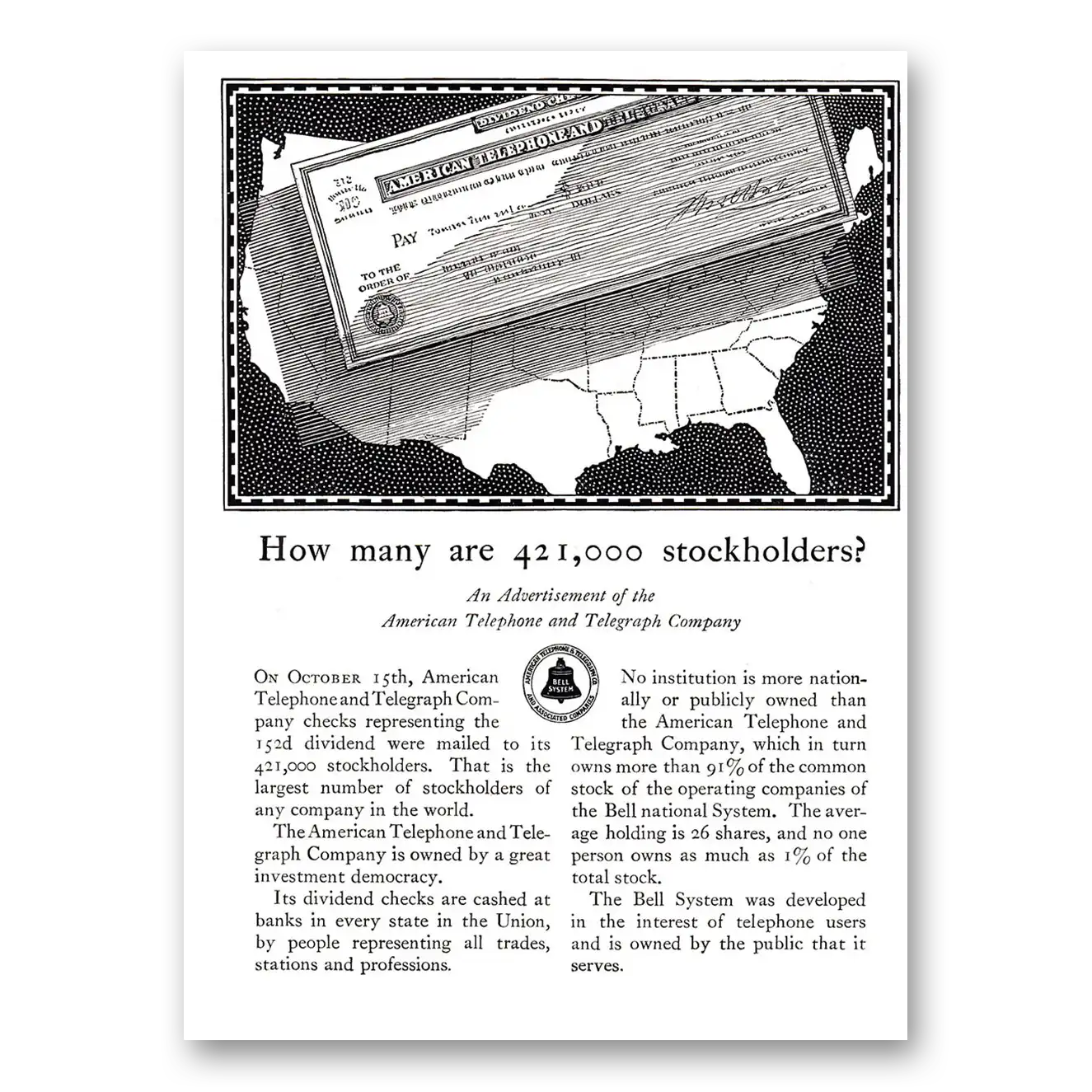 1927 American Telephone How Many Are 421000 Stockholders Vintage Magazine Print Ad