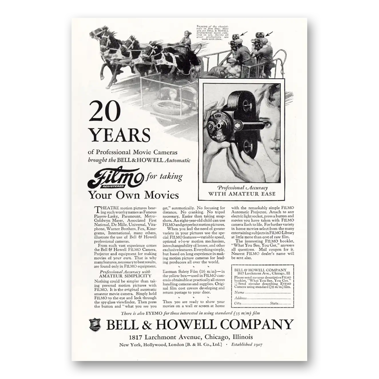 1927 Filmo Camera Chariot Race in Ben Hur Vintage Magazine Print Ad