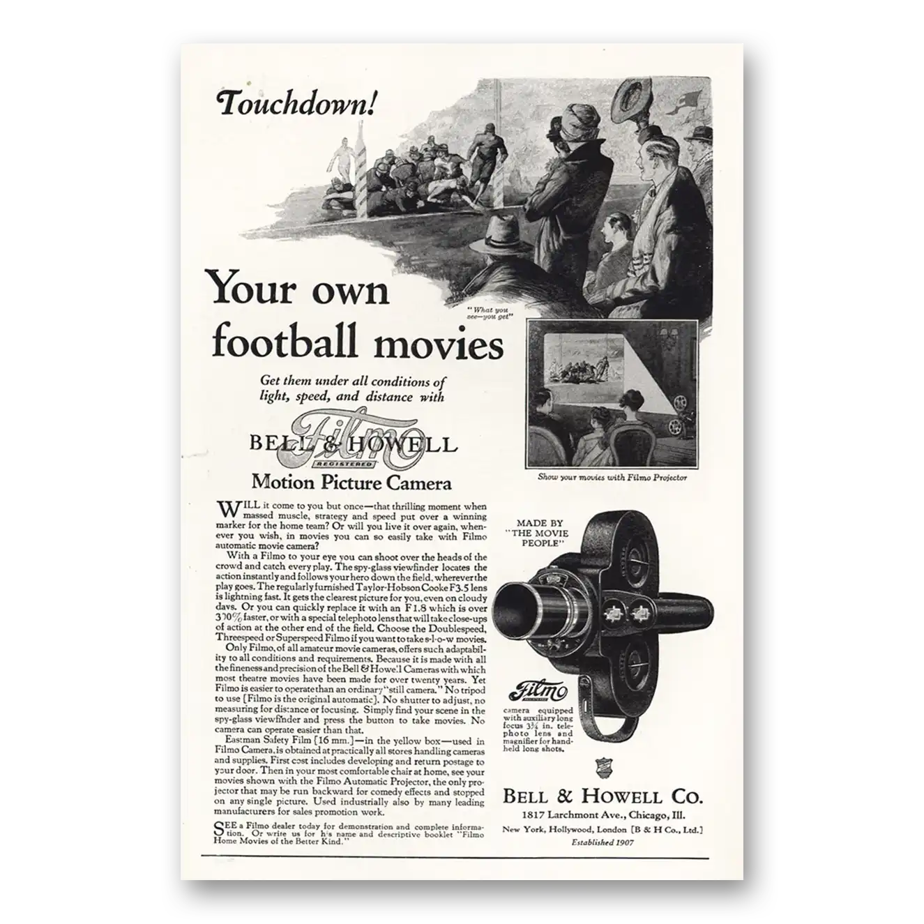 1927 Filmo Camera Your Own Football Movies Vintage Magazine Print Ad