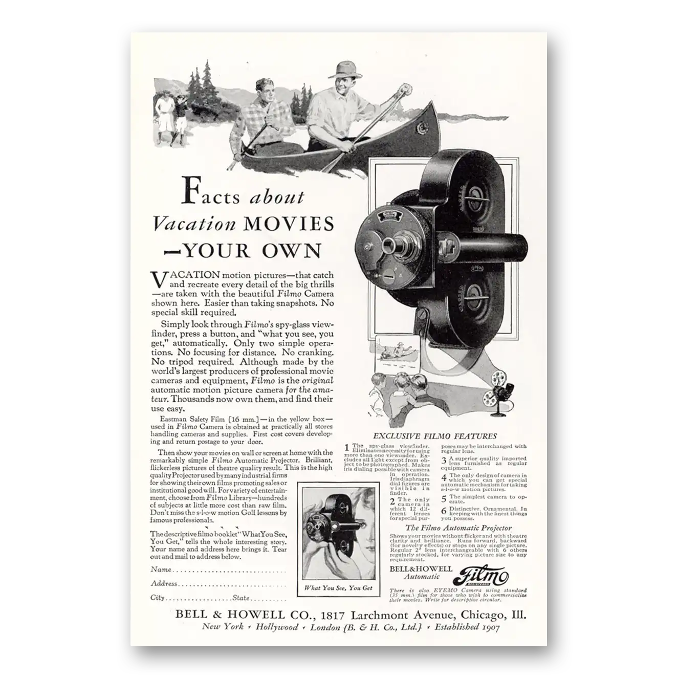 1927 Filmo Camera Facts About Vacation Movies Canoe Vintage Magazine Print Ad