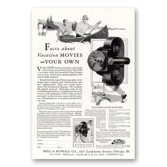 1927 Filmo Camera Facts About Vacation Movies Canoe Vintage Magazine Print Ad