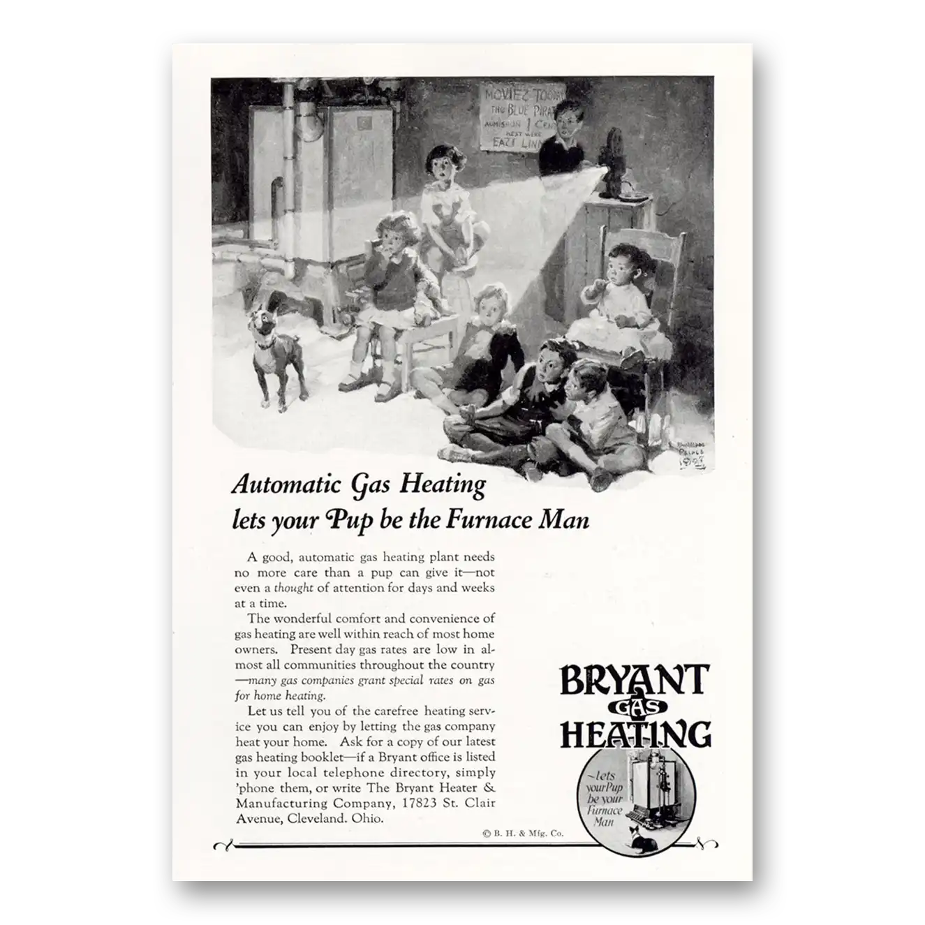 1927 Bryant Gas Heating Lets Your Pup Be the Furnace Man Vintage Magazine Print Ad