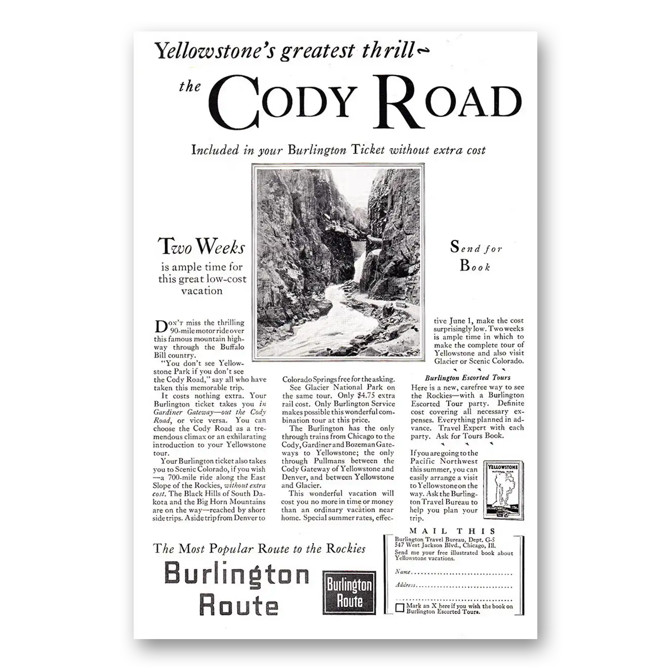 1927 Burlington Route Yellowstones Greatest Thrill the Cody Road Vintage Magazine Print Ad