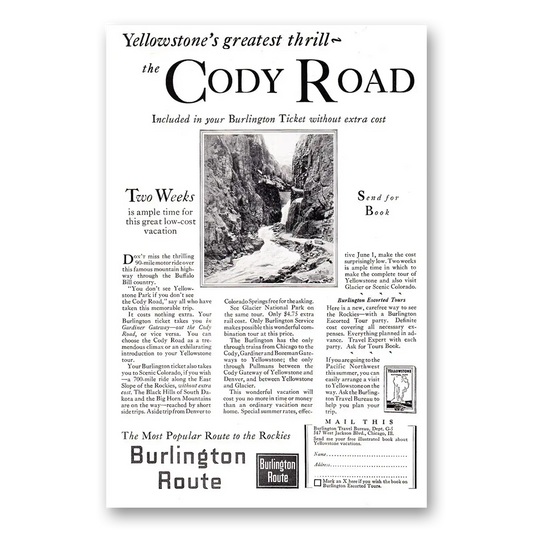 1927 Burlington Route Yellowstones Greatest Thrill the Cody Road Vintage Magazine Print Ad