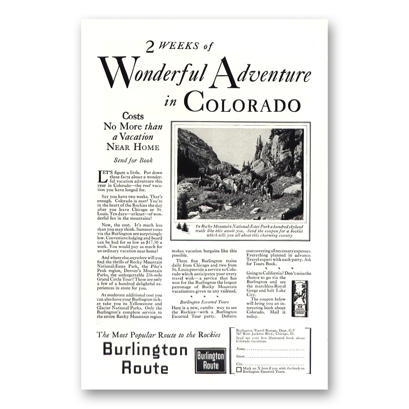 1927 Burlington Route Wonderful Adventure Colorado Vintage Magazine Print Ad