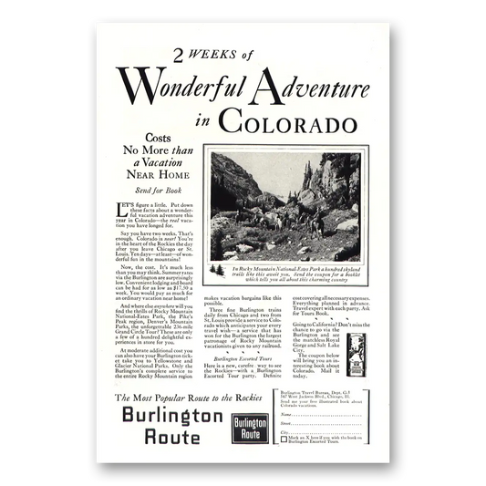 1927 Burlington Route Wonderful Adventure Colorado Vintage Magazine Print Ad