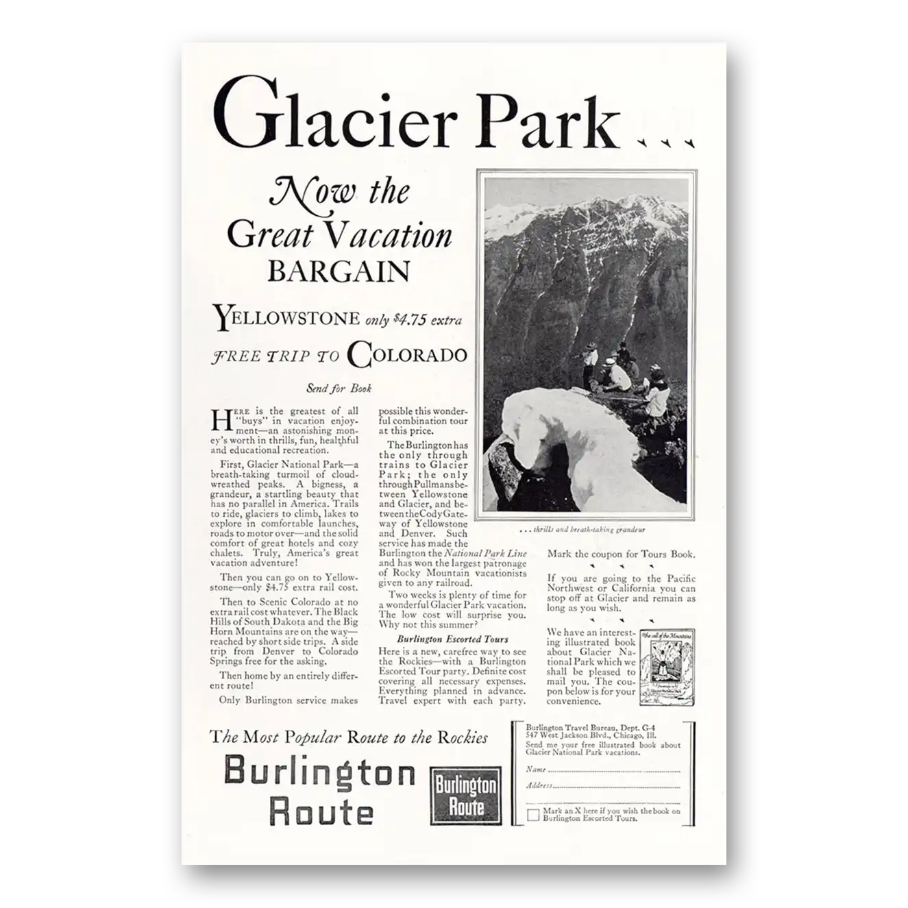 1927 Burlington Route Glacier Park Yellowstone Vintage Magazine Print Ad