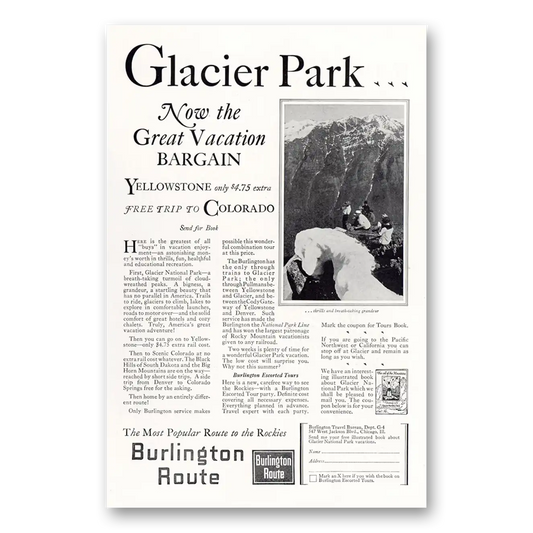 1927 Burlington Route Glacier Park Yellowstone Vintage Magazine Print Ad