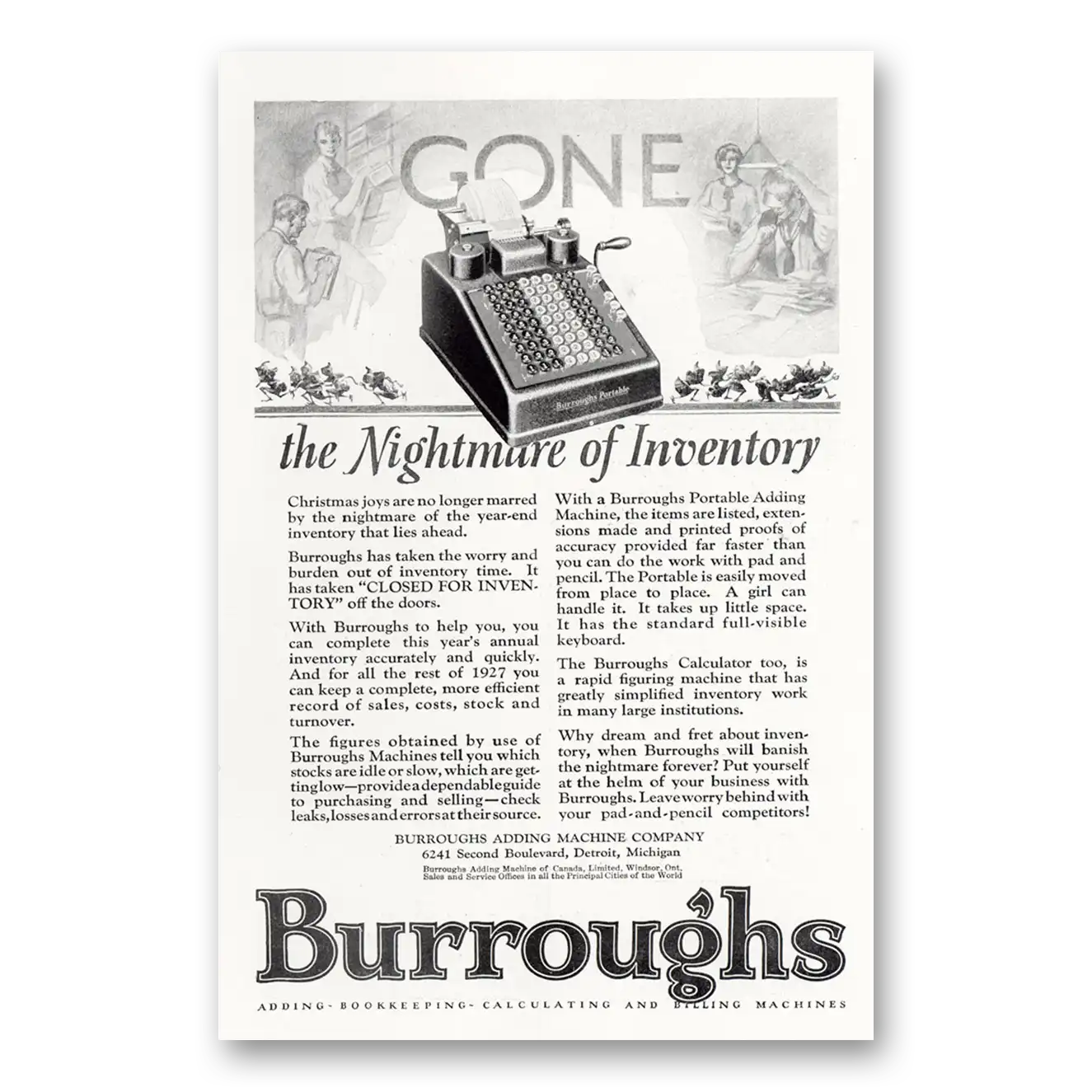 1927 Burroughs Adding Machine Nightmare of Inventory Vintage Magazine Print Ad