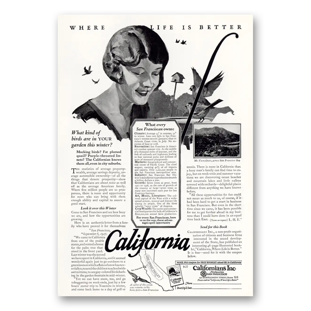 1927 California What Kind of Birds Are In Your Garden Vintage Magazine Print Ad