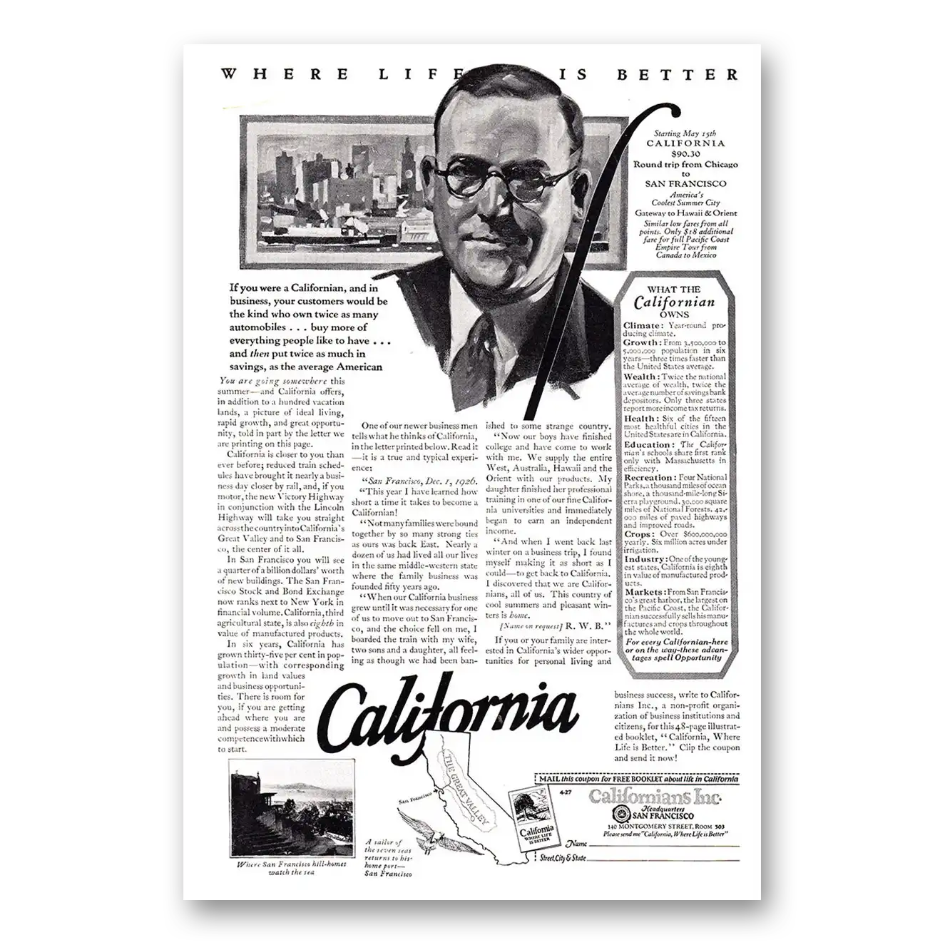 1927 California Where Life is Better Vintage Magazine Print Ad