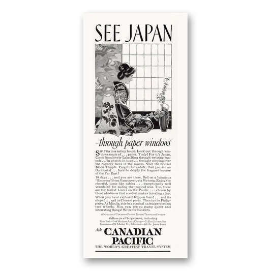 1927 Canadian Pacific Japan Through Paper Windows Vintage Magazine Print Ad