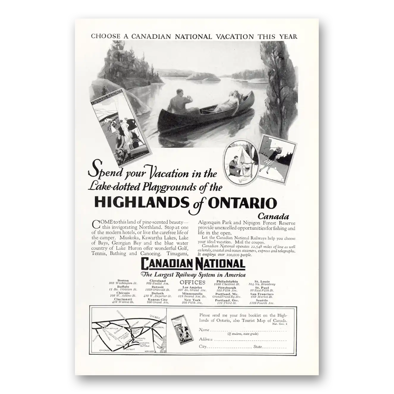 1927 Canadian National Railways Highlands of Ontario Vintage Magazine Print Ad