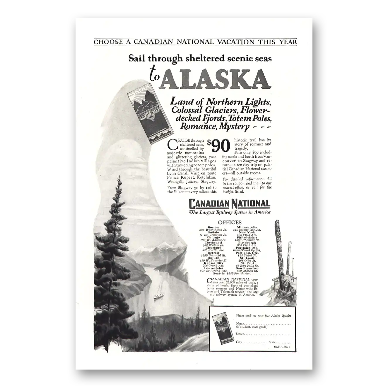 1927 Canadian National Railways Alaska Land of Northern Lights Vintage Magazine Print Ad