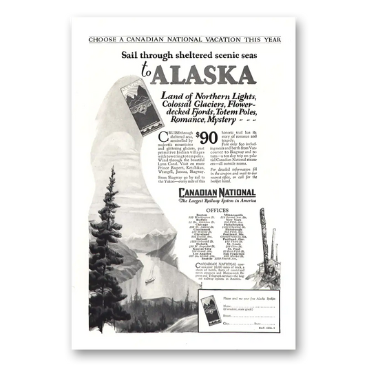 1927 Canadian National Railways Alaska Land of Northern Lights Vintage Magazine Print Ad