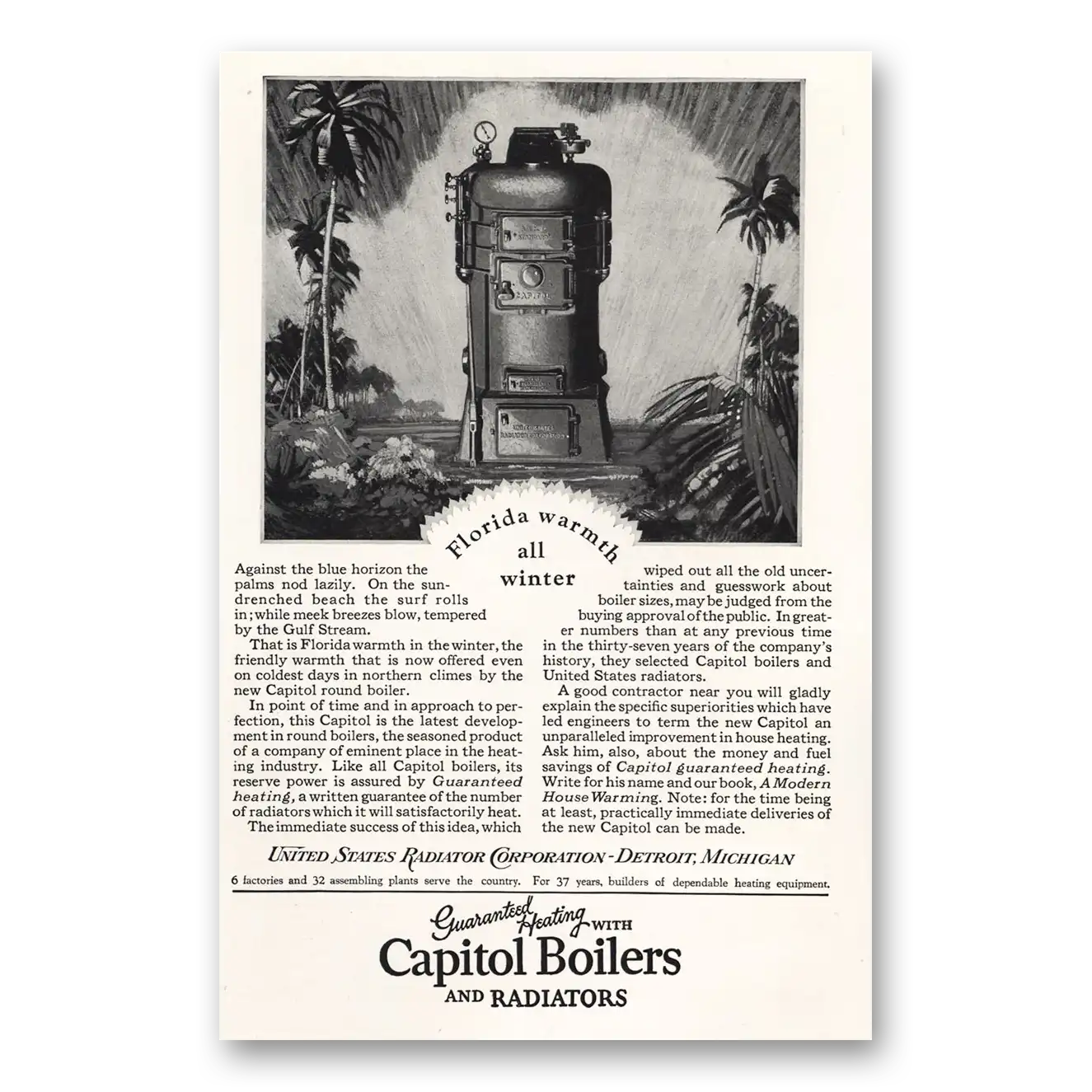 1927 Capitol Boilers Florida Warmth All Winter Vintage Magazine Print Ad