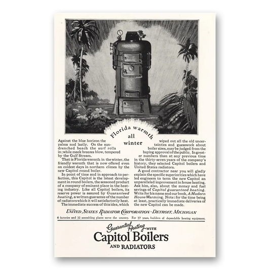 1927 Capitol Boilers Florida Warmth All Winter Vintage Magazine Print Ad