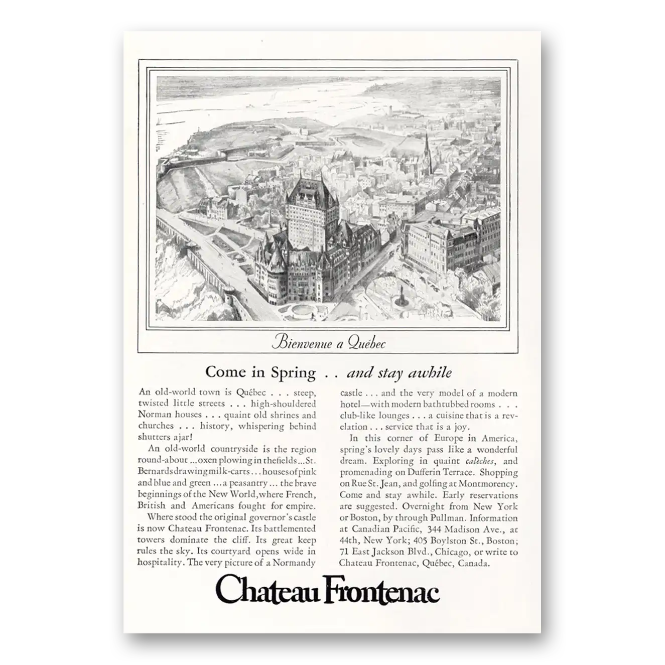 1927 Chateau Frontenac Hotel Come In Spring and Stay Awhile Vintage Magazine Print Ad