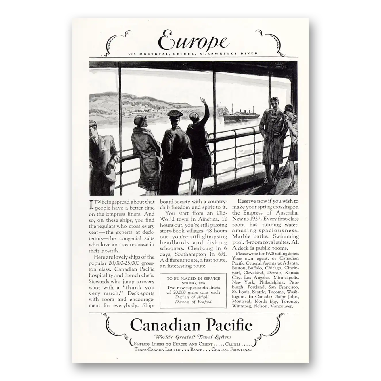 1927 Canadian Pacific Europe Montreal Quebec Vintage Magazine Print Ad