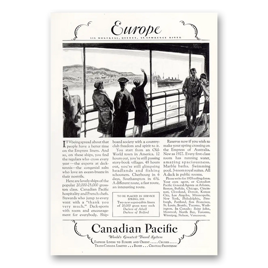 1927 Canadian Pacific Europe Montreal Quebec Vintage Magazine Print Ad