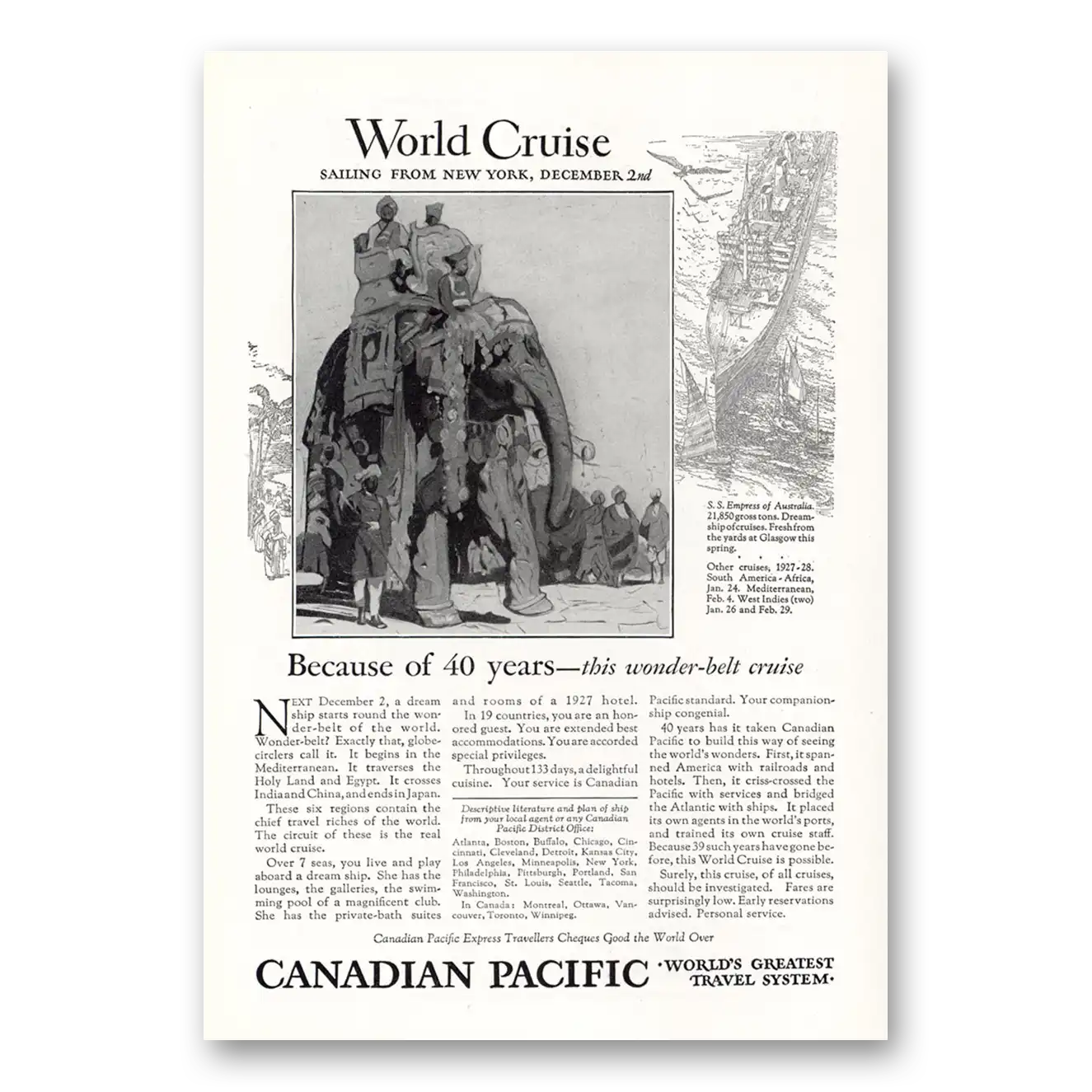 1927 Canadian Pacific World Cruise Wonder Belt Cruise Vintage Magazine Print Ad