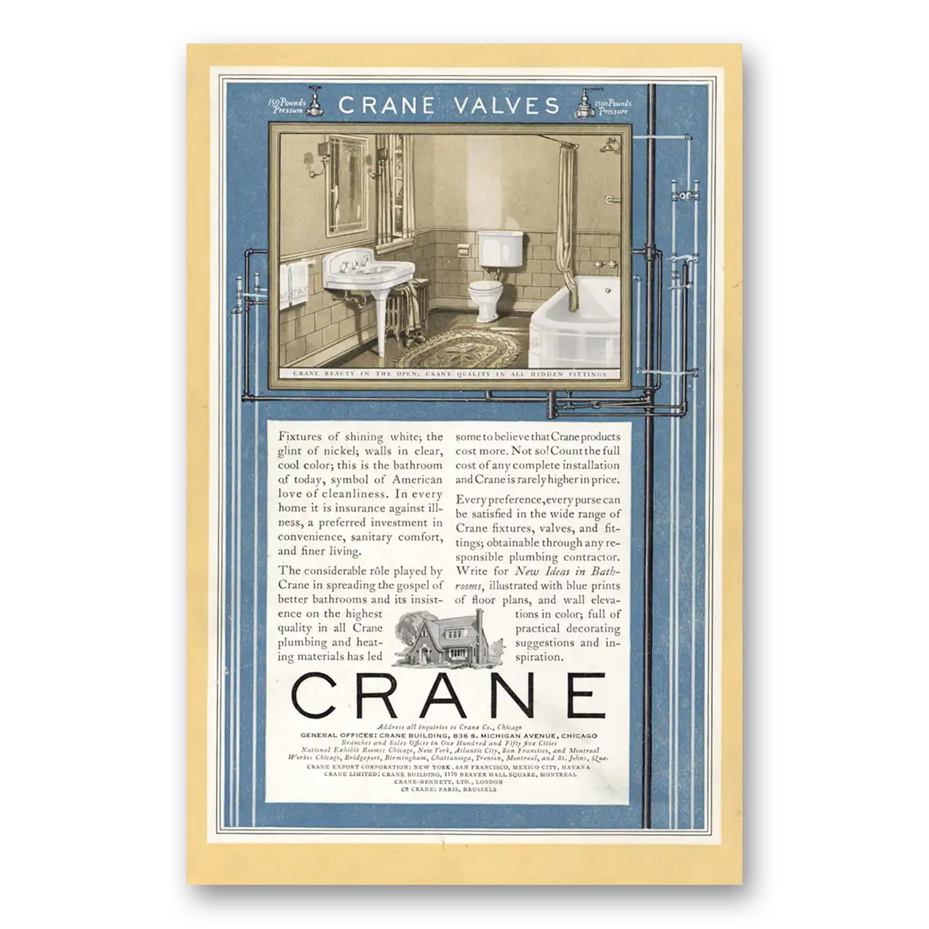 1927 Crane Valves Fixtures of Shining White Vintage Magazine Print Ad