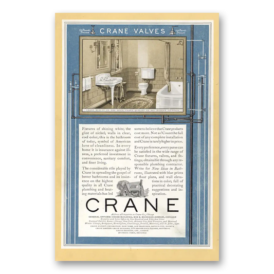 1927 Crane Valves Fixtures of Shining White Vintage Magazine Print Ad