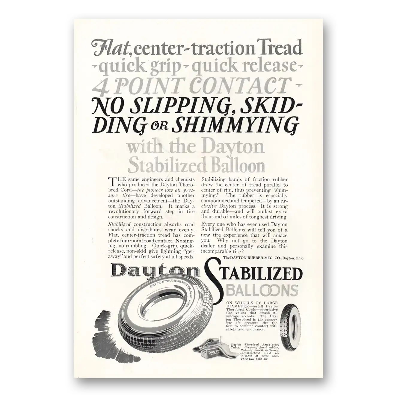 1927 Dayton Stabilized Balloon Tires No Slipping Skidding Vintage Magazine Print Ad