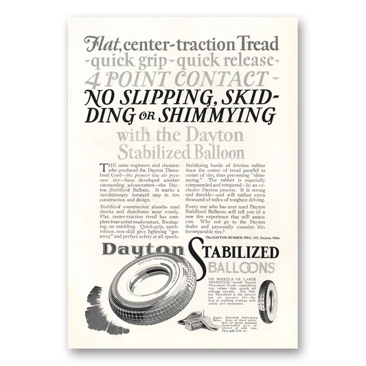 1927 Dayton Stabilized Balloon Tires No Slipping Skidding Vintage Magazine Print Ad