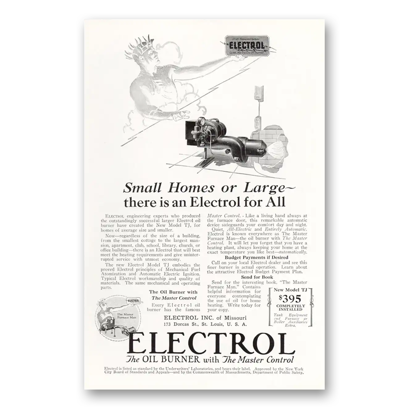 1927 Electrol Oil Burner Small Homes or Large Vintage Magazine Print Ad