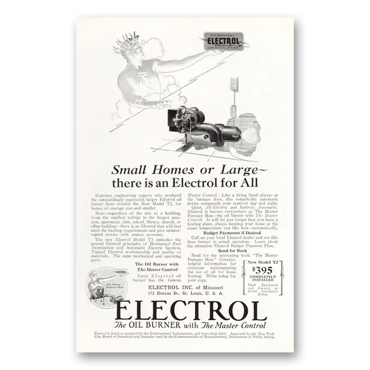 1927 Electrol Oil Burner Small Homes or Large Vintage Magazine Print Ad