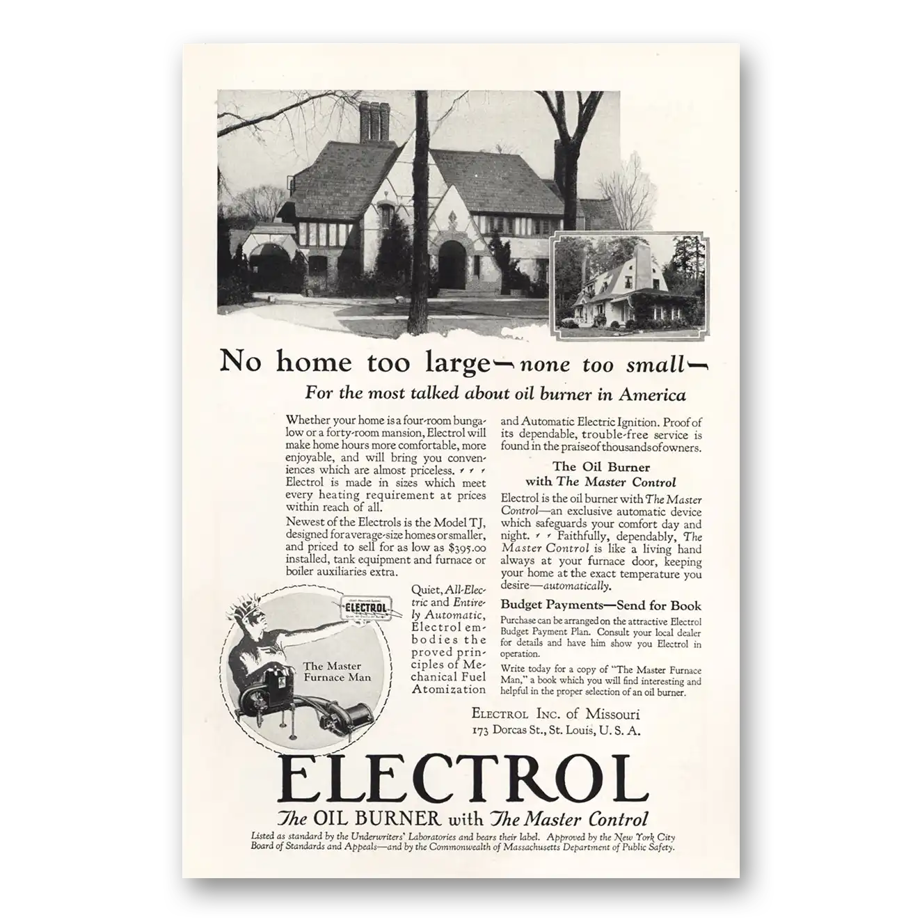 1927 Electrol Oil Burner No Home Too Large None Too Small Vintage Magazine Print Ad