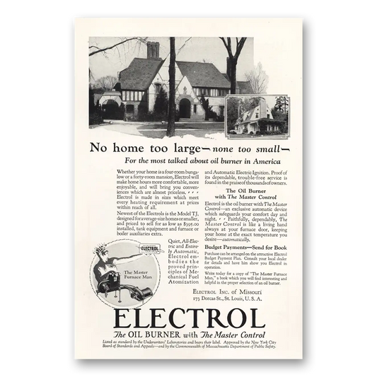 1927 Electrol Oil Burner No Home Too Large None Too Small Vintage Magazine Print Ad