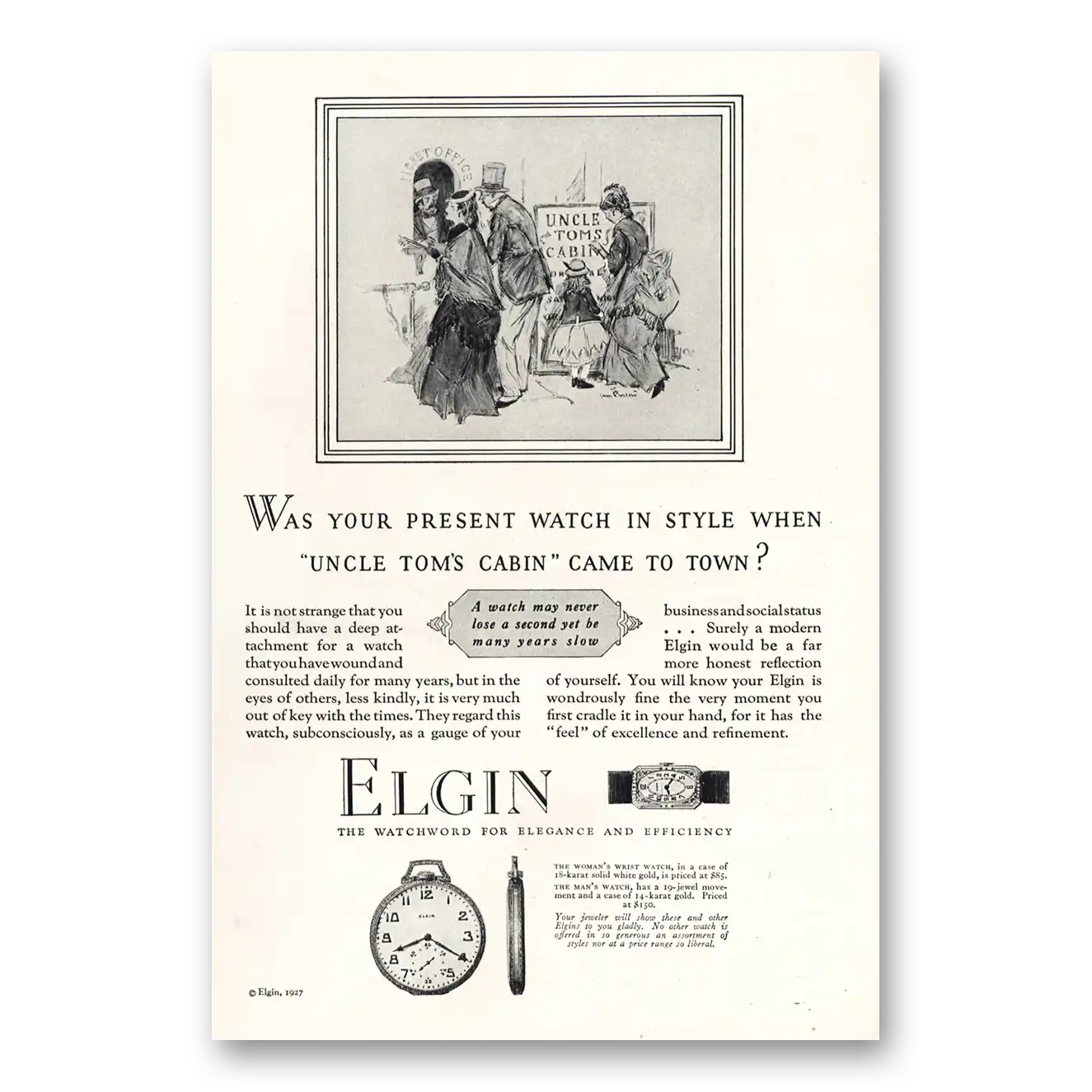1927 Elgin Watch Uncle Toms Cabin Came to Town Vintage Magazine Print Ad