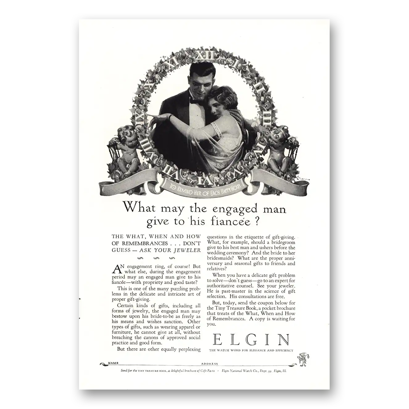 1927 Elgin Watch Engaged Man Gives To His Fiancee Vintage Magazine Print Ad