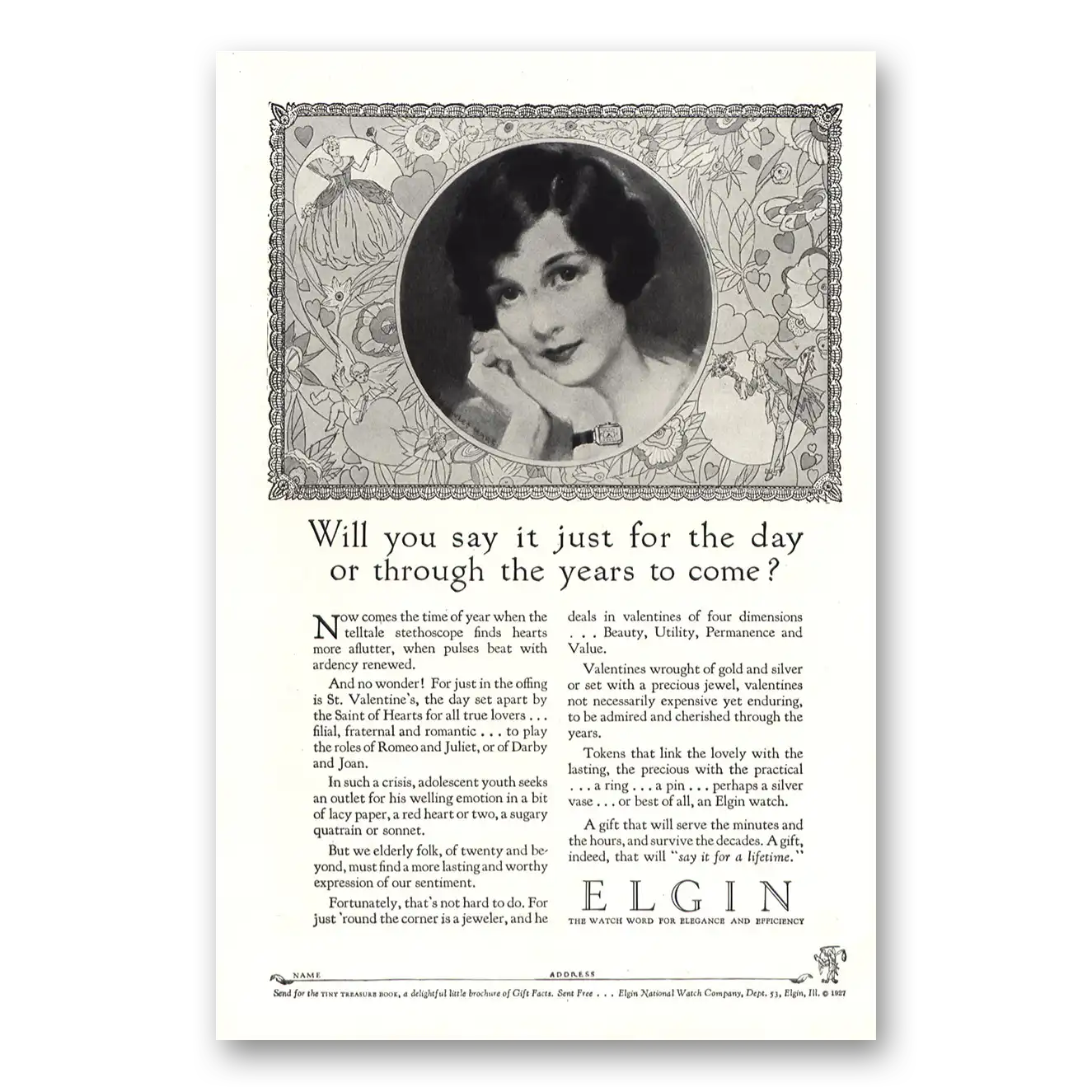 1927 Elgin Watch Just For the Day or Through the Years Vintage Magazine Print Ad