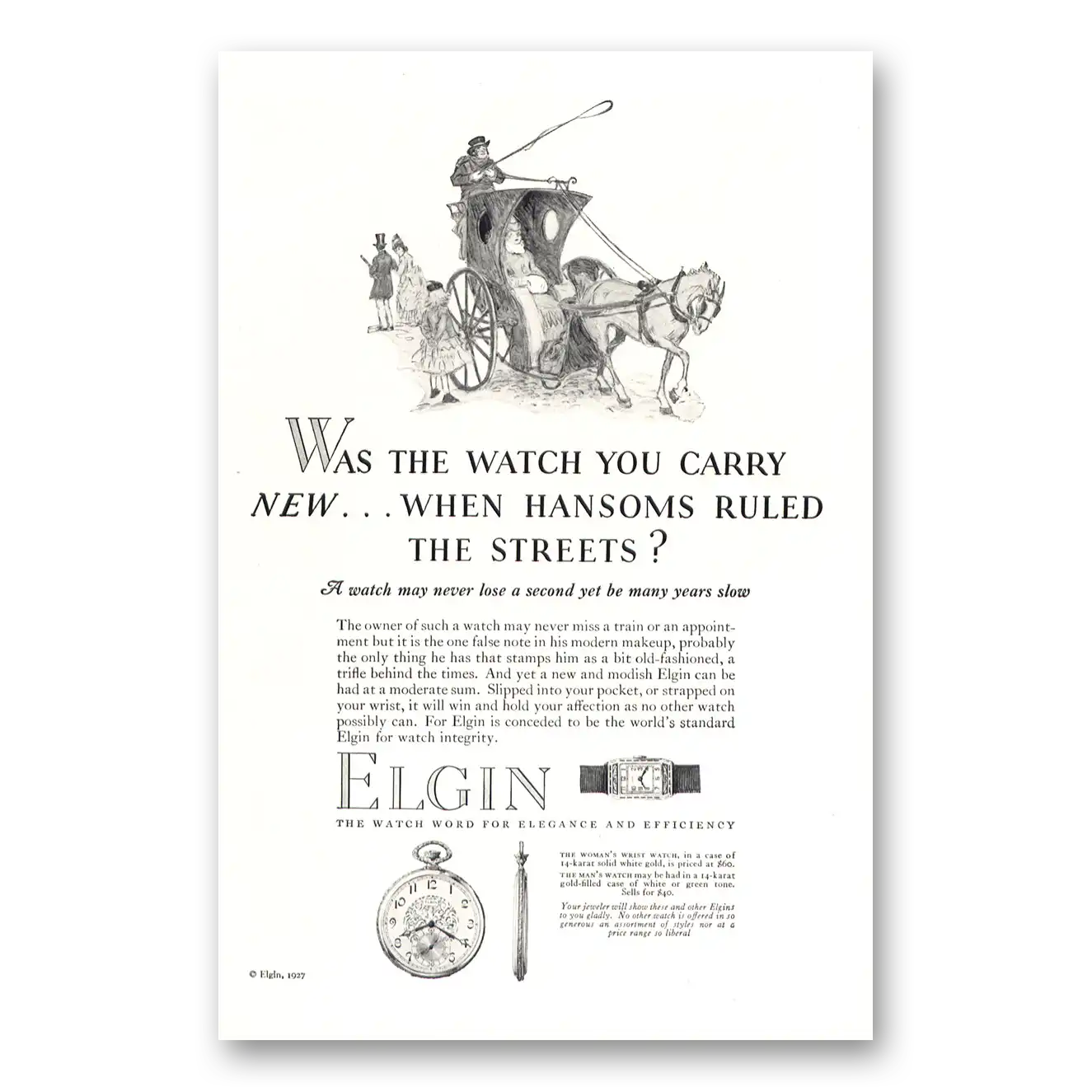 1927 Elgin Watch When Hansoms Ruled the Streets Vintage Magazine Print Ad