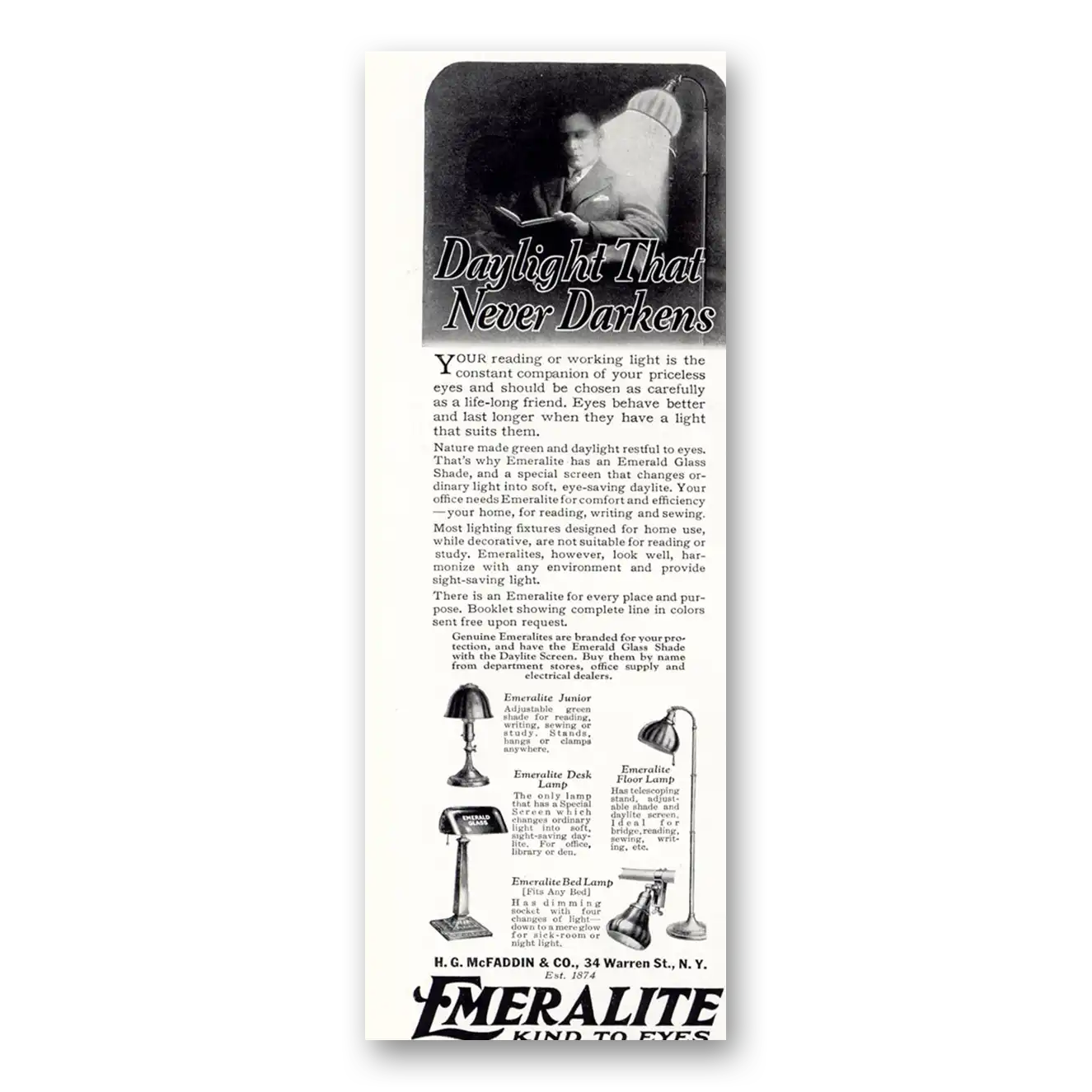 1927 Emeralite Daylight That Never Darkens Vintage Magazine Print Ad