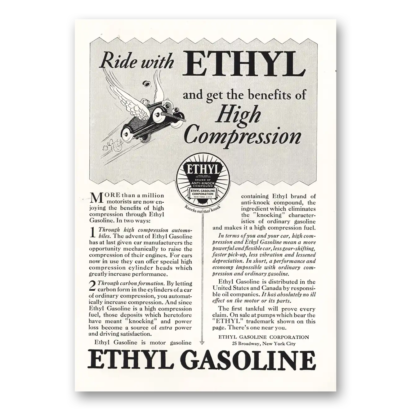 1927 Ethyl Gasoline Benefits of High Compression Vintage Magazine Print Ad