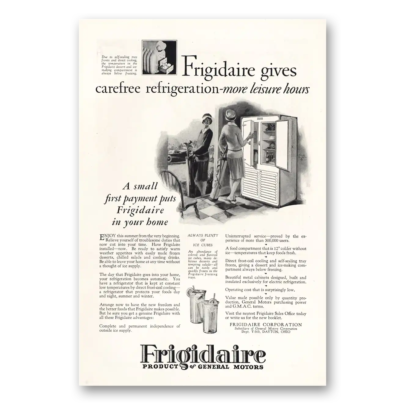 1927 Frigidaire Refrigerator Carefree Refrigeration More Leisure Hours Vintage Magazine Print Ad